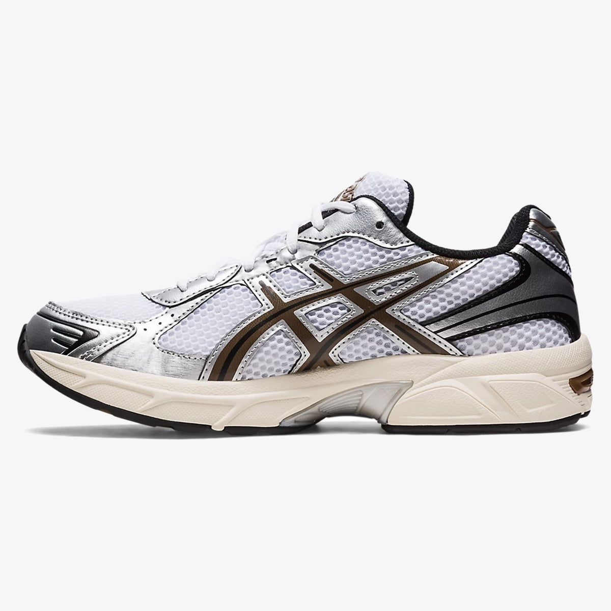White and Cloud Grey GEL-1130 sneaker with black tiger stripes and off-white midsole