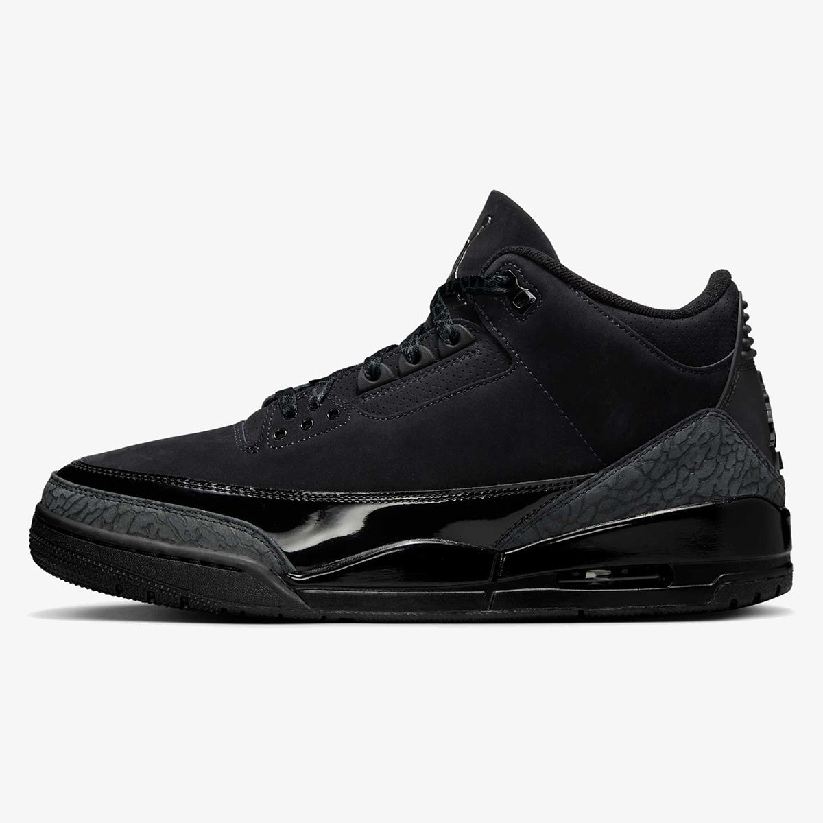 jordan 3 black cat - Black Cat Jordan 3 sneaker with black nubuck, charcoal elephant print, and glossy midsole