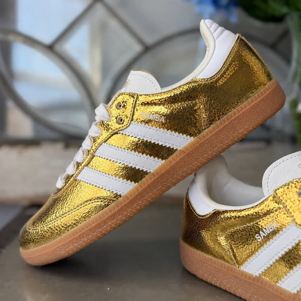 AD Samba OG Women's Gold Metallic Cracked Leather Sneakers