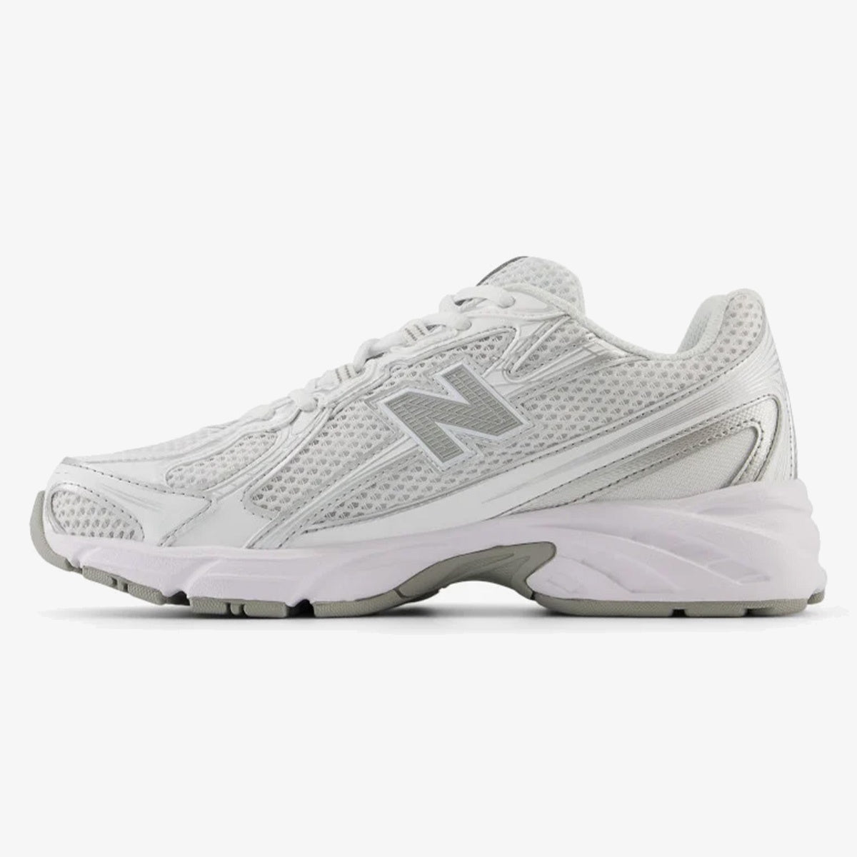 White and metallic silver NB 740v2 sneaker with mesh and reflective-style overlays