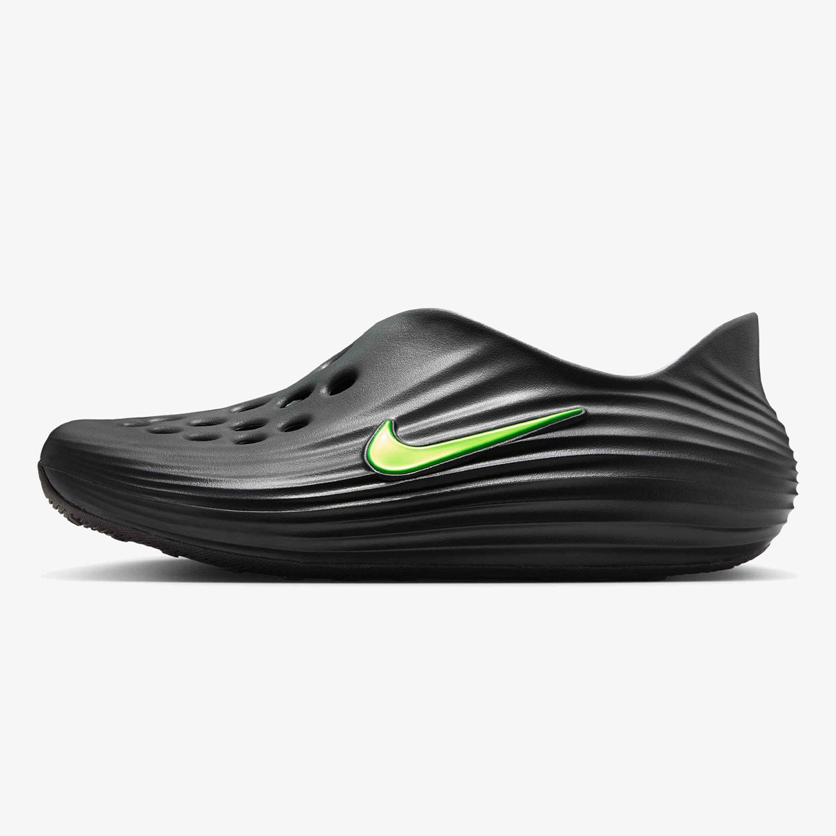 ReactX Rejuven8 Black Volt slip-on with Cool Grey upper, black sole, and Volt Swoosh