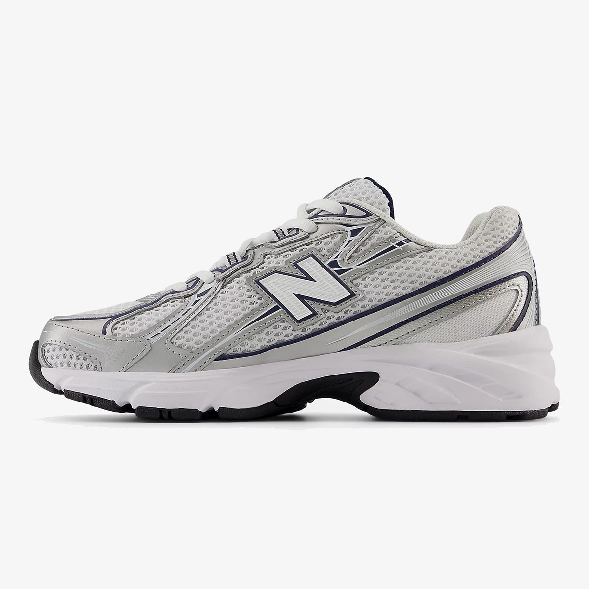 White and navy NB 740v2 sneaker with grey accents and black rubber outsole
