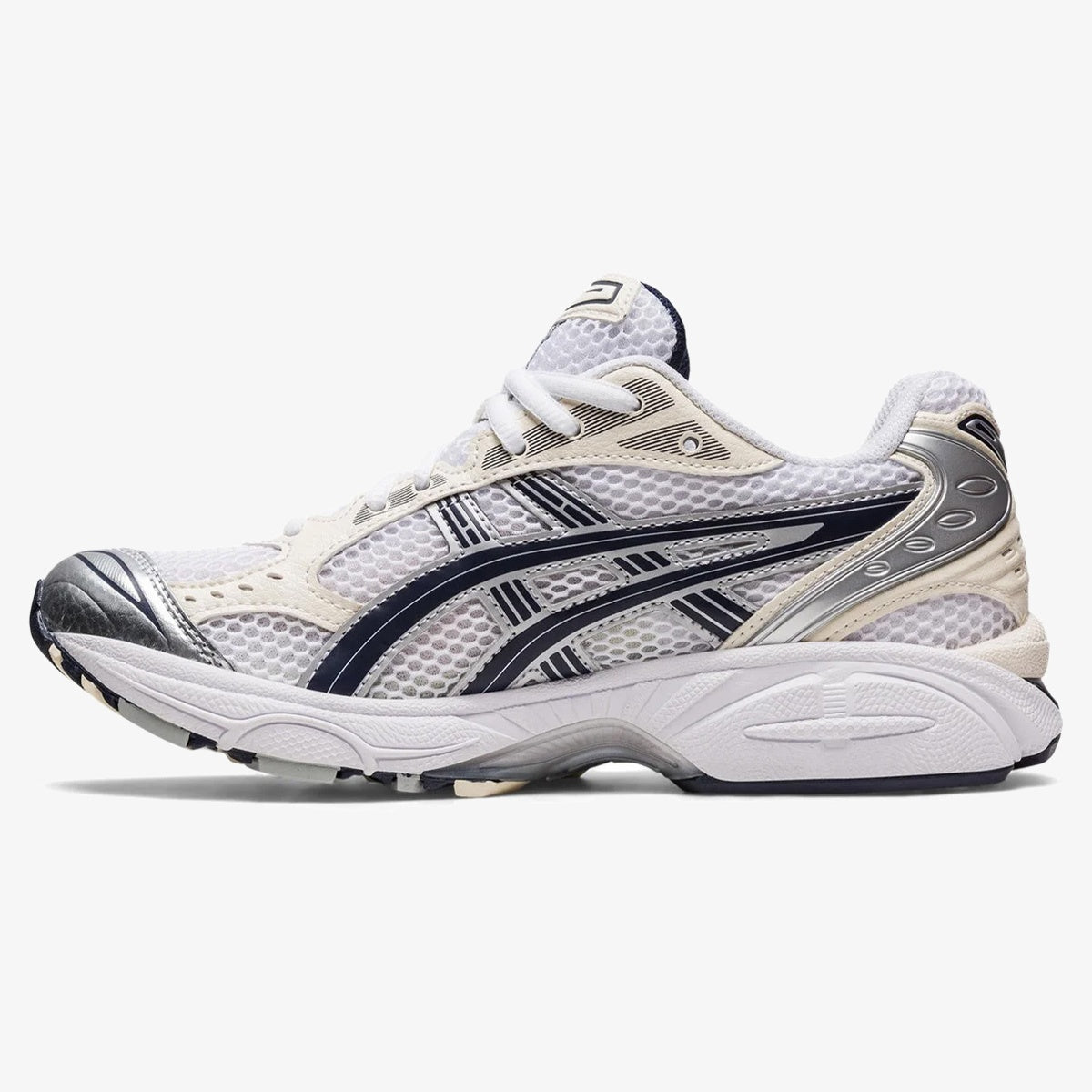 women's Gel-Kayano 14 White Midnight with white mesh, cream overlays, and dark side stripes