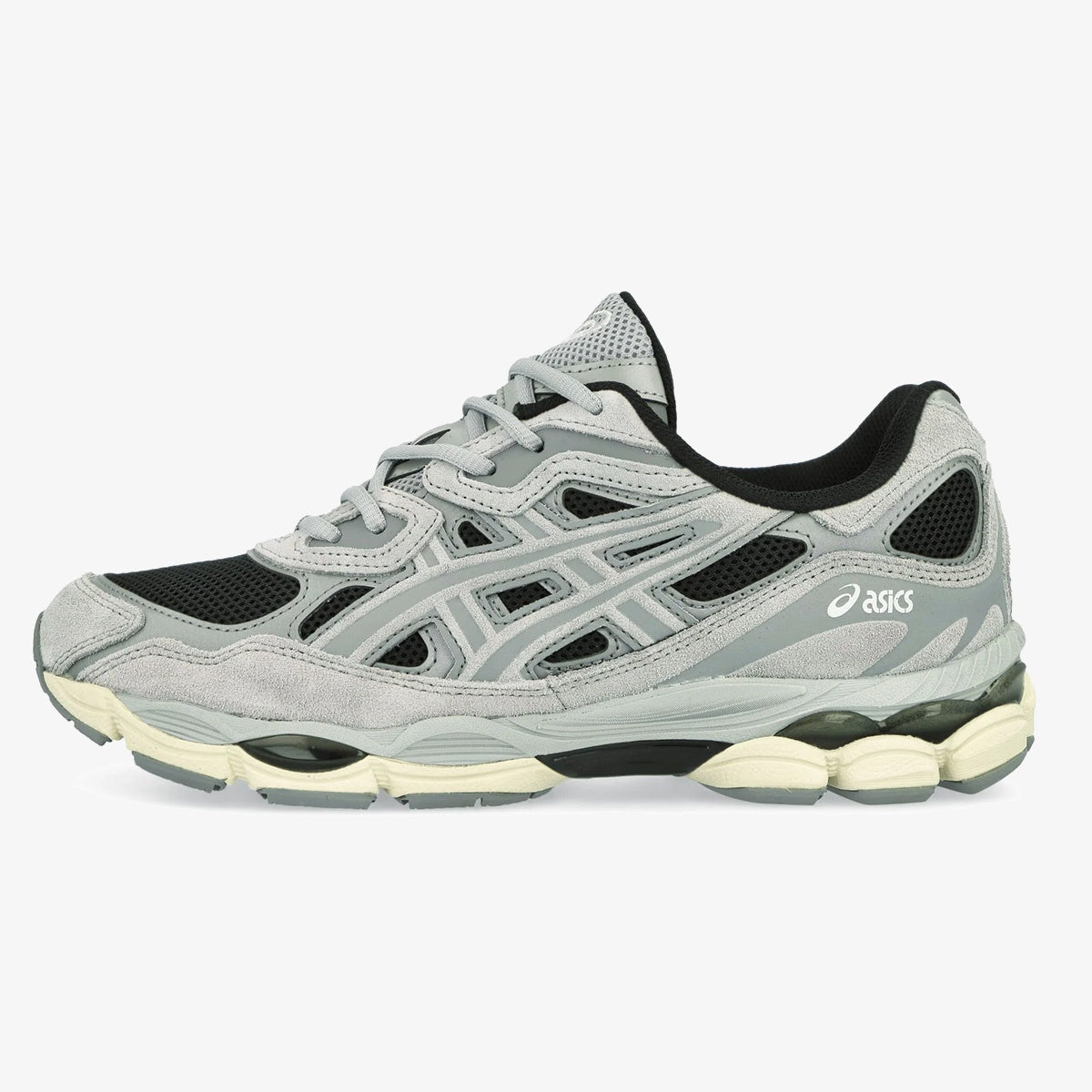 Black and Piedmont Grey Gel-NYC sneaker with mesh base and grey overlays