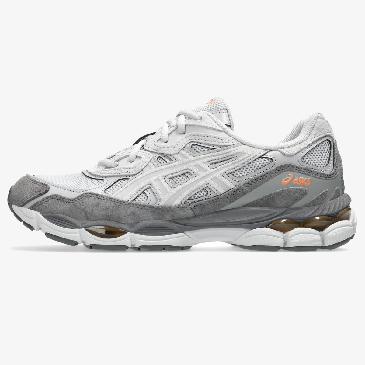 gel nyc cloud grey - Cloud Grey and Cement Grey GEL-NYC sneaker with orange accent detail