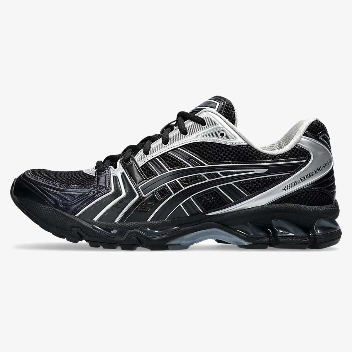 atmos undermycar kayano 14 - black Pure Silver ASICS collaboration runner with metallic trim and visible GEL cushioning