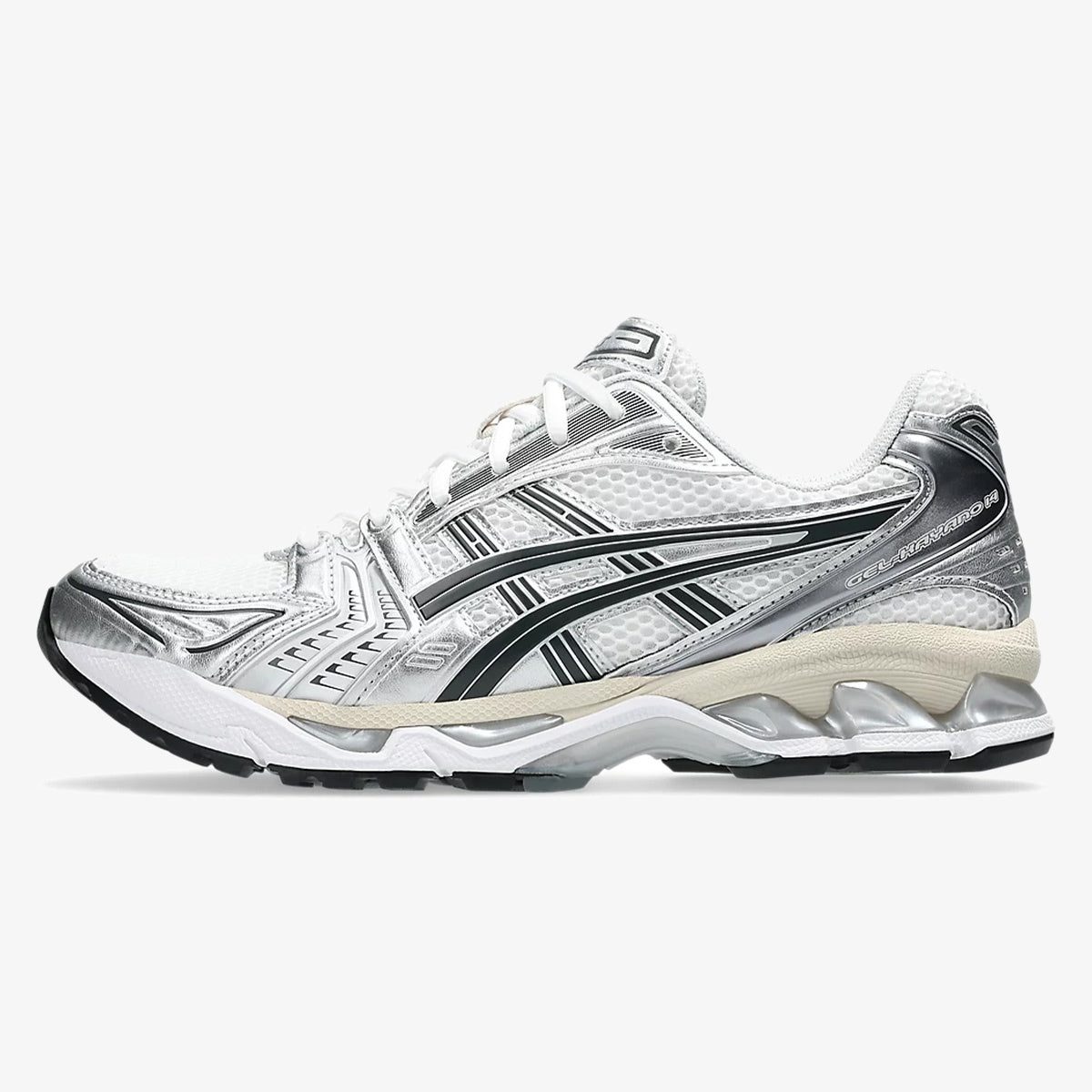 gel-kayano 14 white graphite grey - White Graphite Grey GEL-KAYANO 14 sneaker with layered mesh and visible GEL sole