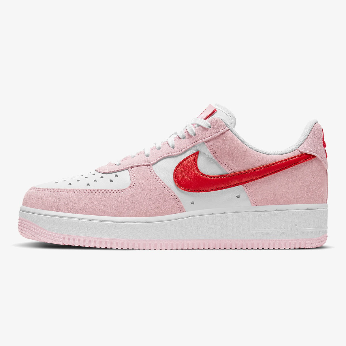 Pink and white AF1 Love Letter sneaker with red Swoosh and heart-shaped perforations