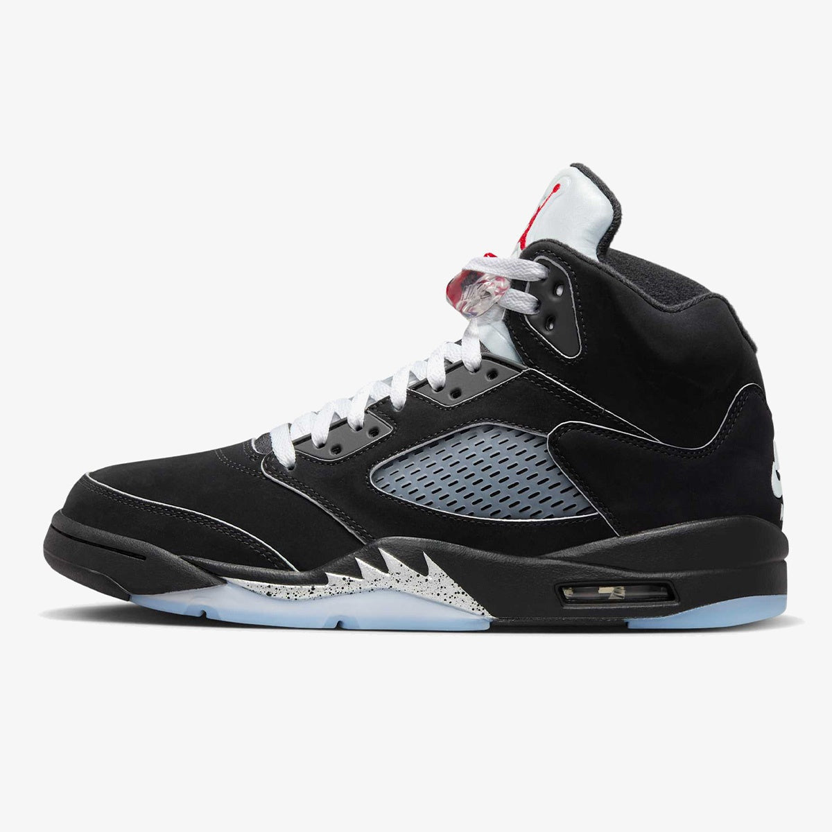 Jordan 5 Black Metallic Reimagined in black nubuck with reflective tongue and silver shark-tooth accents