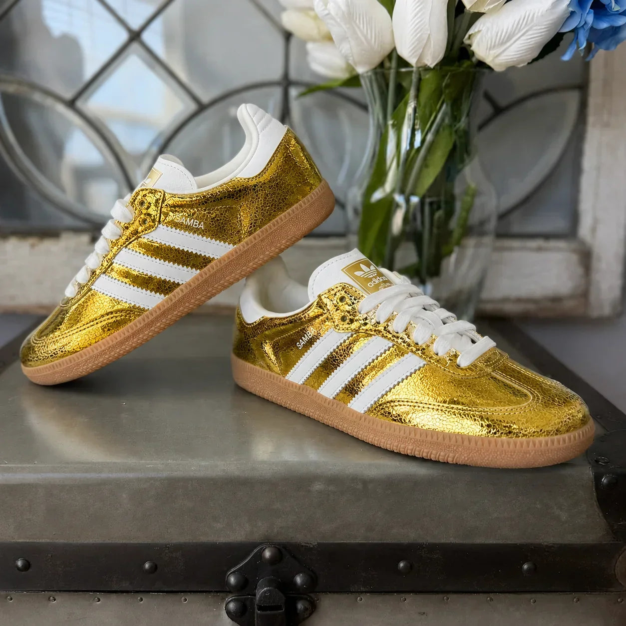 AD Samba OG Women's Gold Metallic Cracked Leather Sneakers