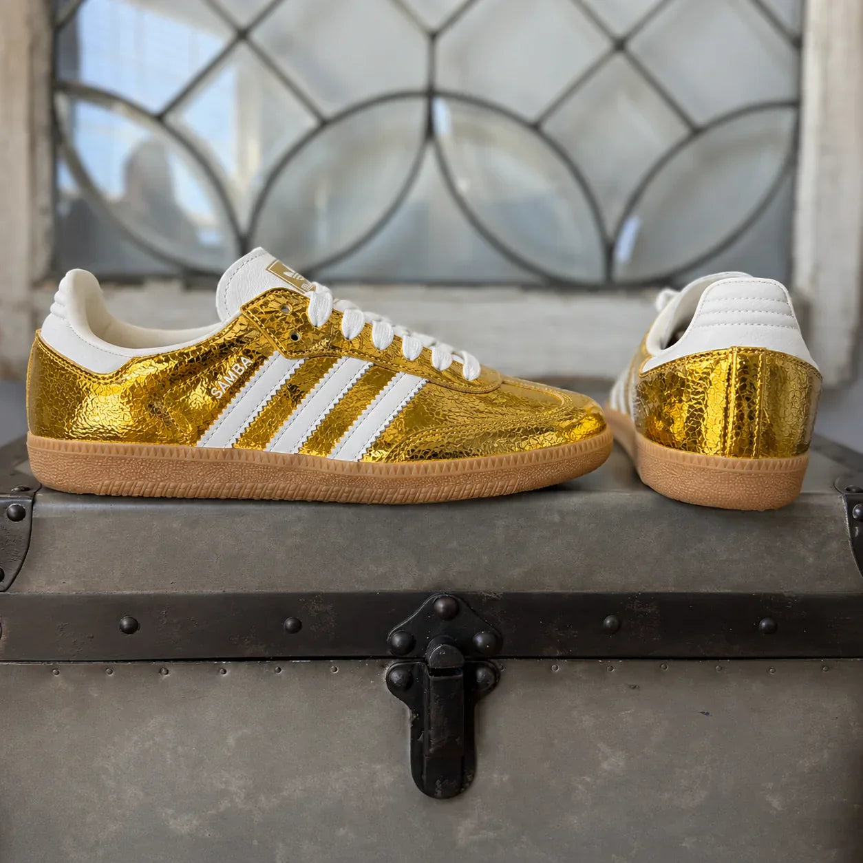AD Samba OG Women's Gold Metallic Cracked Leather Sneakers