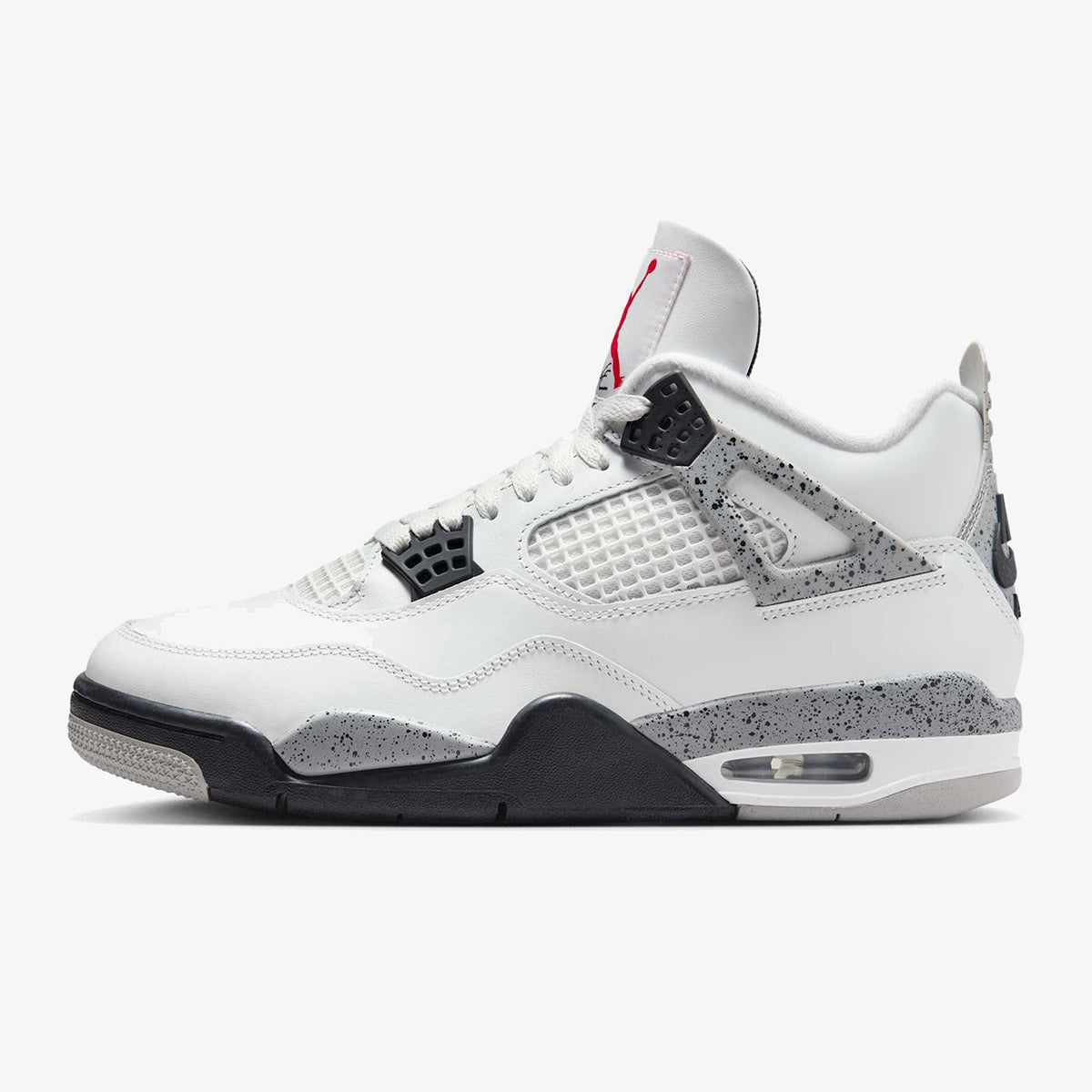 White Cement Jordan 4 sneaker with speckled grey accents and Nike Air heel branding
