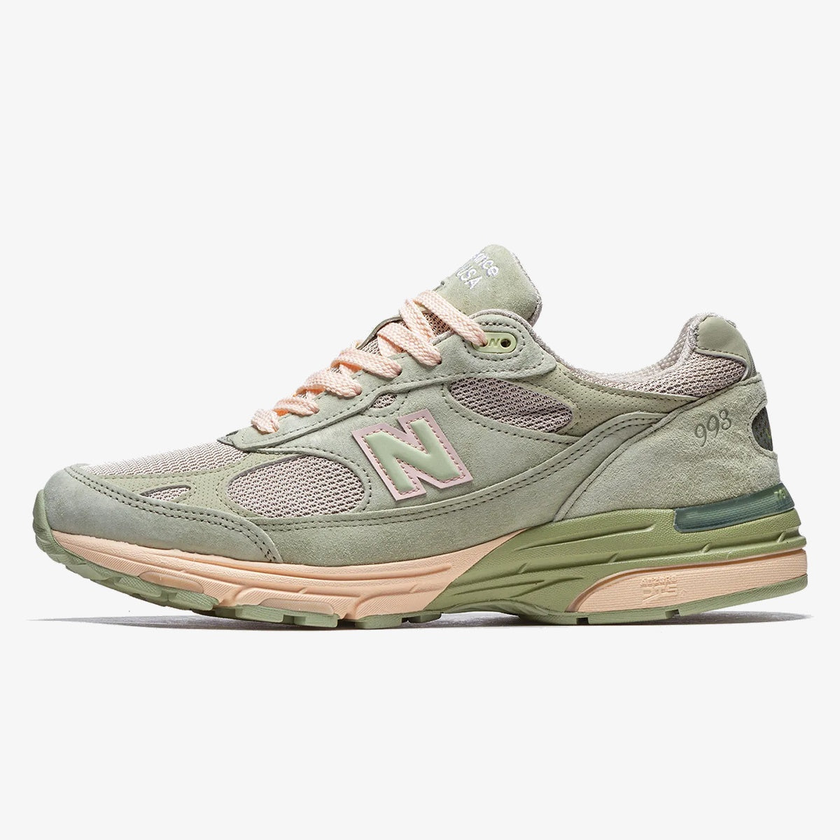 jfg 993 sage - Sage JFG 993 sneaker with grey mesh, muted green suede overlays, and rose accents