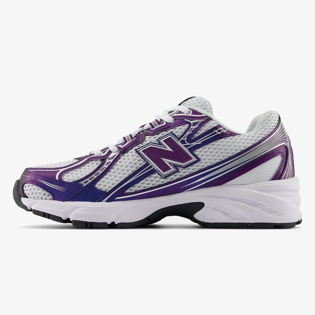 White and purple NB 740v2 sneaker with metallic accents and mesh panels
